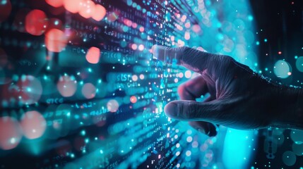 Fototapete - Process, workflow and organizational tools are displayed visually on a screen. Developers touch the virtual interface with their fingers to complete the process.