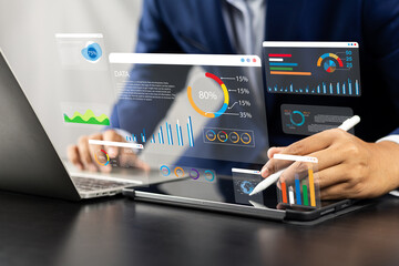 Fototapete - Analyst utilizing technology and dashboard with charts data science and Big Data technology for business, Strategic data management system with KPI organization performance with technology and metrics