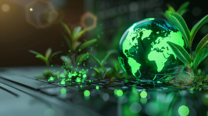 Canvas Print - There is a green globe on the laptop's keyboard and stock graphs displayed on its screen. This is a green business concept. Digital sustainability. It is a green business concept.