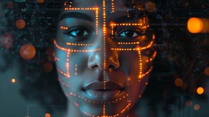 Aufkleber - The image shows a young black woman working on a holographic screen and the concept of a global communication network, suitable for banners or advertisements.