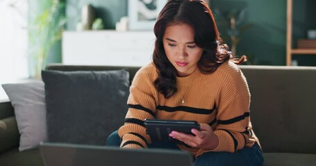 Sticker - Woman, tablet and smile on sofa for smart home system setup with laptop for online connection and security. Happy, female person and computer on couch for tech sync, link and web app authentication