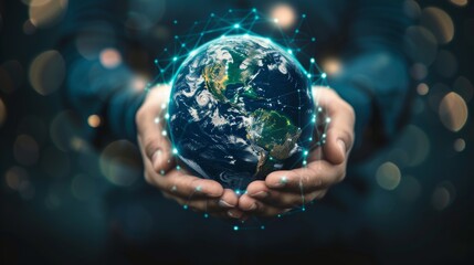 Poster - In this metaverse universe, a night-time earth is growing, there is a network connection with data exchange, and a concept of security for communication networks exists.