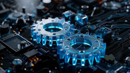 Leinwandbilder - A modern wireframe illustration of a gear in a dark blue background. A mechanical technology or machine engineering symbol, used to represent a project development, engine work, or business plan.