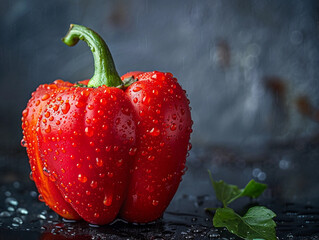 Canvas Print - Red Bell Pepper With Water Droplets On A Wet Surface