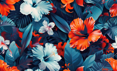 Wall Mural - A vibrant and colorful pattern featuring tropical flowers like lilies, orchids, or hibiscus in bold orange, blue, and white colors on a dark background