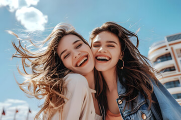 Sticker - Ecstatic long-haired girls posing in spring day on sky background. Outdoor photo of two good-looking female friends.