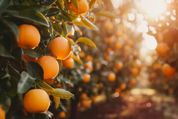 Close-up of a bright orange grove with citrus fruits growing on a branch