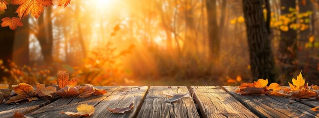 Wall Mural - Autumn background with wooden table and blurred autumn forest in the background.