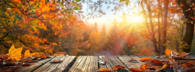 Wall Mural - Autumn background with wooden table and blurred autumn forest in the background.