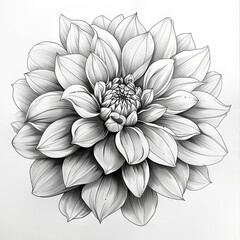 Wall Mural - Black and white line art drawing of dahlia flower, perfect for coloring pages or tattoo design