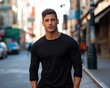 © Stefan - Male latin model in a classic black cotton t-shirt on a city street