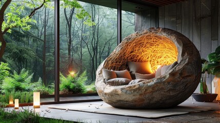 Bird's Nest in Minimal Outdoor Space with Soft Lighting, Calm and Simple