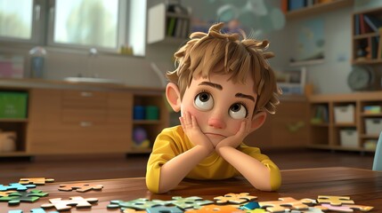 Sticker - A 3D rendered cartoon boy sits at a table with a look of concentration, surrounded by puzzle pieces.