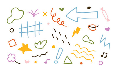 Fototapete - Doodle scribble abstract elements, simple shapes, sketchy lines set. Cute clip art bundle. Creative drawings, hand drawn quirky sketches. Colored flat vector illustration isolated on white background