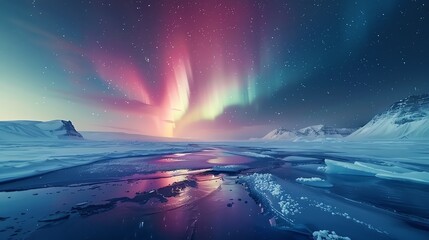 Wall Mural - A breathtaking view of the aurora borealis reflected in a frozen lake with snow-capped mountains in the background.