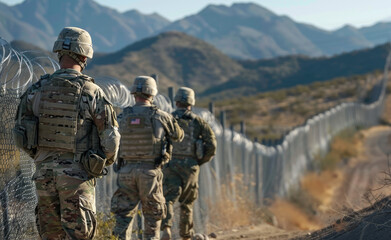 Wall Mural - US soldiers guard the border with Mexico behind barbed wire and a steel wall