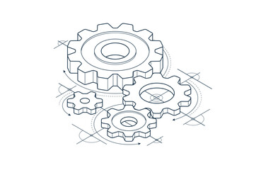 Engineer education concept, gears and cogs composition isometric 3D vector illustration, study science in university, engineering learning.
