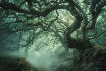 Wall Mural - enchanted forest scene with gnarled ancient trees misty atmosphere and dappled light create a mystical mood rich deep greens and earth tones serene yet slightly eerie