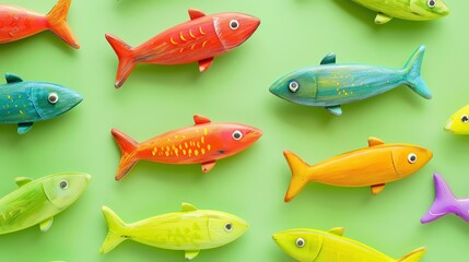 Poster - A flatlay of colorful wooden fish on a green background.