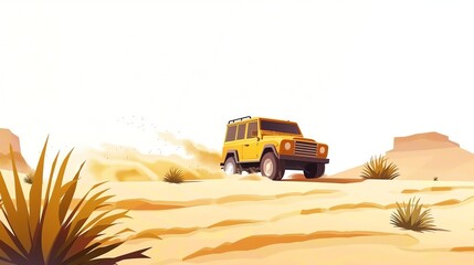 A cartoon illustration of a yellow off-road vehicle driving through a desert landscape.