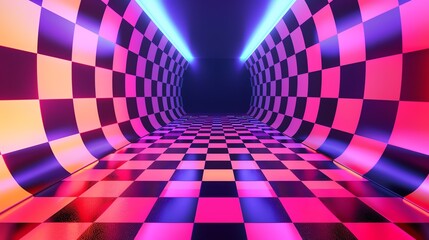 Wall Mural - a checkered floor and walls of pink and black with blue neon lights on a ceiling.