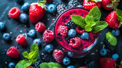 Wall Mural - a glass of pink smoothie with fresh berries, kiwi and mint leaves on a black surface.