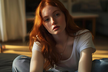 Sticker - upset redhead teen girl sitting on floor at home looking aside thinking pondering feeling sad. depression in teens