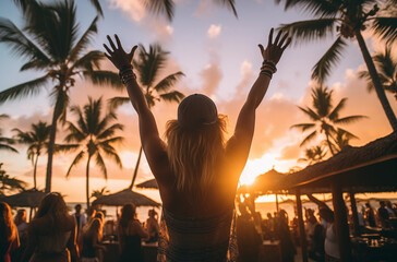 Woman Celebrating at a Beach Party During a Beautiful Sunset with Palms in the Background