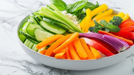 Fresh vegetables arranged in an elegant bowl, perfect for a social event, close up, healthy eating, ethereal, overlay, marble countertop backdrop, focus cover all object