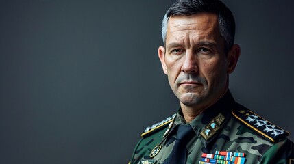 Studio portrait of a serious military general posing in uniform on a dark background