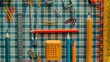 © NATTAWUT - A top view of school supplies on a checkered background, including pencils, rulers, and paper clips