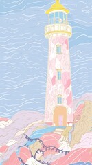 Poster - Japan anime pink blue lighthouse art architecture building.