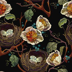 Wall Mural - Yellow peonies flowers and bird nest. Fashion template for clothes, t-shirt design. Summer garden seamless pattern. Embroidery floral style