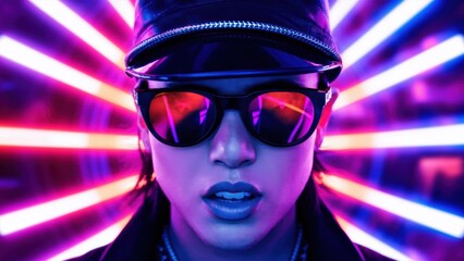 Wall Mural - A man in a hat and sunglasses with neon lights behind him, AI