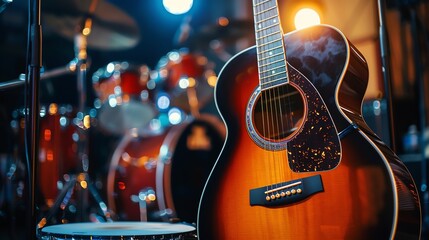 Wall Mural - An acoustic guitar and a drum set on a stage, with lights in the background.