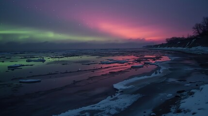 Sticker - A stunning night scene with the northern lights over a frozen lake and mountains.