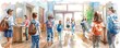 © Ytnart - A vibrant, watercolor illustration of school children with backpacks walking and interacting in a sunlit school hallway.