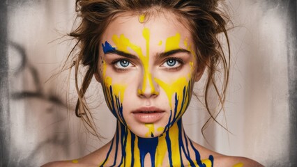 Poster - A woman with blue and yellow paint on her face, AI