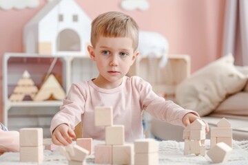 Cute dark-skinned child girl playing stacking wooden block in living room, blank wooden blocks. Beautiful simple AI generated image in 4K, unique.