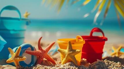 Poster - Beach toys, including buckets and starfish, on the sand.