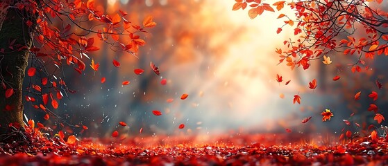 Cozy autumn scene with warm colors and falling leaves, ample copy space