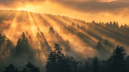 Wall Mural - A misty forest at sunrise with the sun's rays shining through the trees.