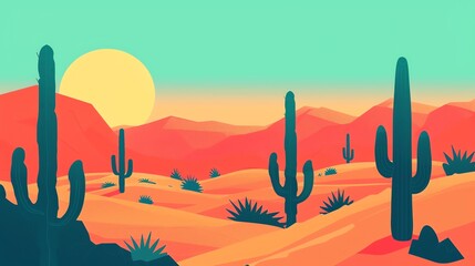 Canvas Print - Cartoon illustration of a desert landscape with a bright sun and cacti.