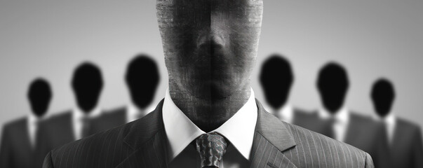 Wall Mural - A man in a suit is wearing a mask and is the center of attention. The other people in the background are wearing suits and ties, but they are all in the background and not the main focus of the image