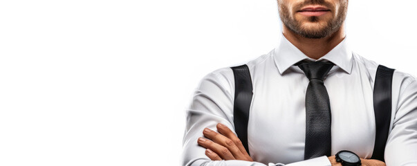 Wall Mural - A man wearing a black tie and white shirt is standing with his arms crossed. He is wearing a watch and has a serious expression on his face