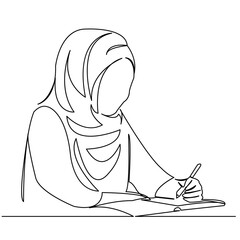 Wall Mural - continuous single drawn one line muslim girl student studying hand-drawn picture silhouette. Line art. doodle