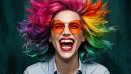 Wall Mural - A woman with a rainbow colored hair and sunglasses smiling, AI