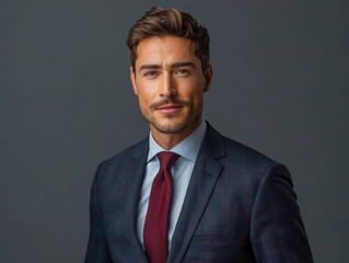 Portrait of a Businessman in a Suit Against a Gray Background