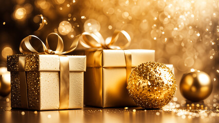 Close up of two gold gift boxes with a shinny bow adorned gold ball on golden floor. yellow sparkle and bokeh lights on background.