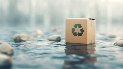 Wall Mural - A cardboard box with a green recycle symbol on it is floating in a body of water